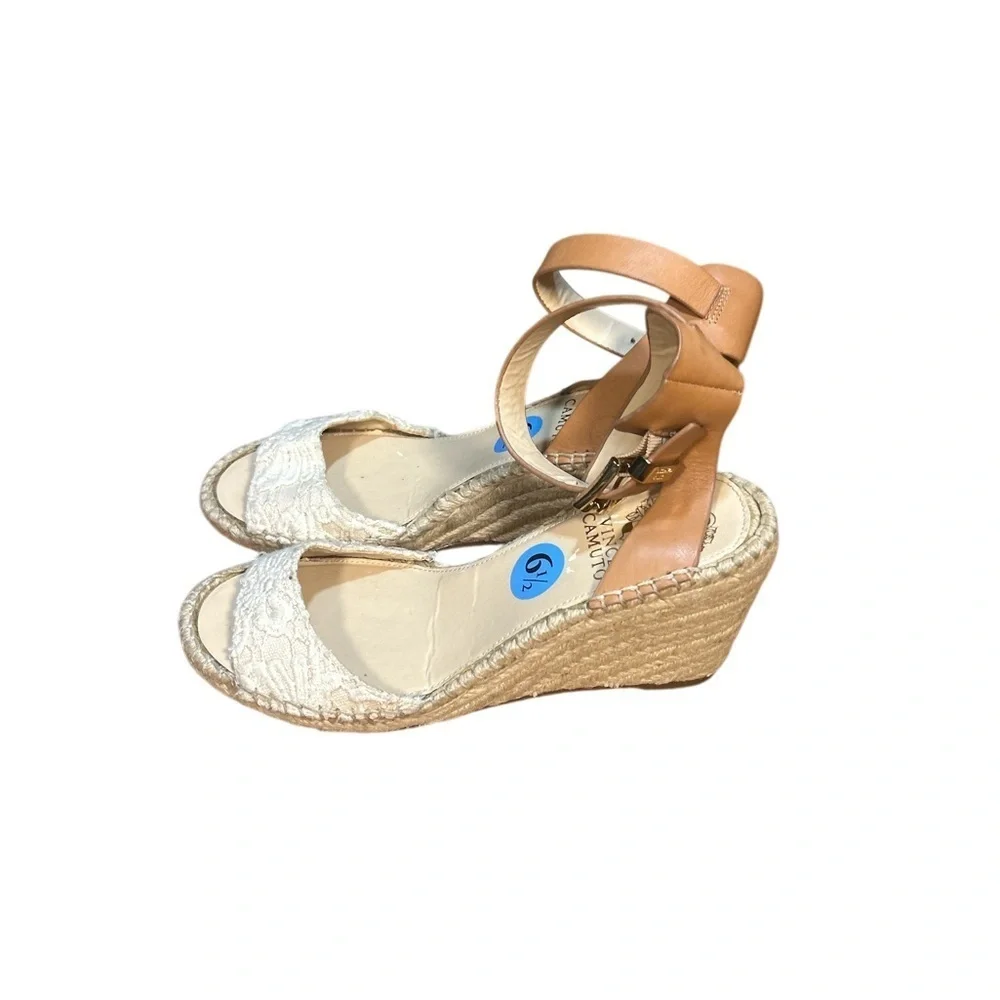 Vince Camuto Lace Espadrille Wedge Sandals Tan Beige 6.5 Ankle Strap New No Box